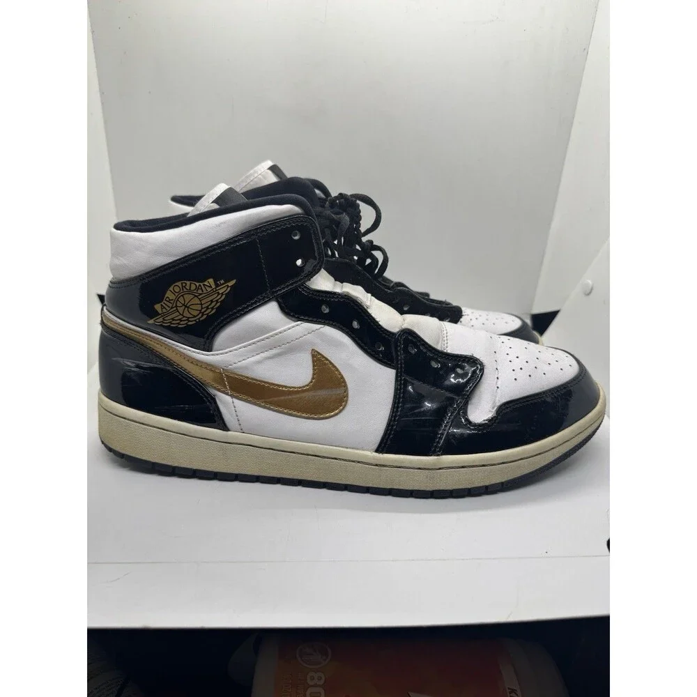 Nike Air Jordan 1 Mid Patent Black White Gold Mens 13 Shoes Sneakers 852542 007